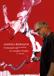 Catalog cover. It is very distinctive due to the use of a very red background. On the right side there is a reproduction of one of the painter's paintings with his image. On the left side there is the text: Andrzej Biernacki, "On the rotation of bodies" painting, May 14 - June 13, 2021. The reproduction shows a human in a very dynamic pose. He gives the impression that he is falling with his hands down from a great height, he twists slightly, his mouth is open. The man is naked. The color of his pale, even white skin stands out against the background of the red background. To emphasize the contours of the human body, the artist also used black and red, which when mixed with white on some parts of the body turns pink.