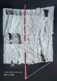 Black background. In the center there is a work made of white, handmade paper. The paper is not tief but with texture. They are ragged in several places, holes are made. Work that is cut is supported by black and white lines. By intermittent work, dashed lines.
